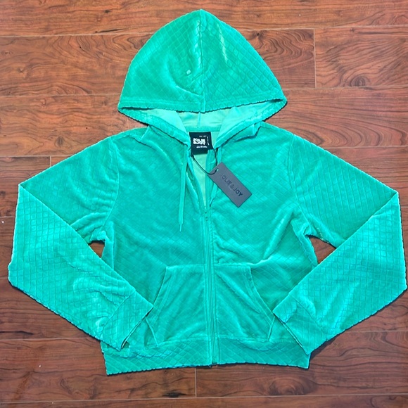 NWT Jolie & Joy Green Velour Embossed Full Zip Up Hoodie Sweater Jacket - Picture 1 of 10